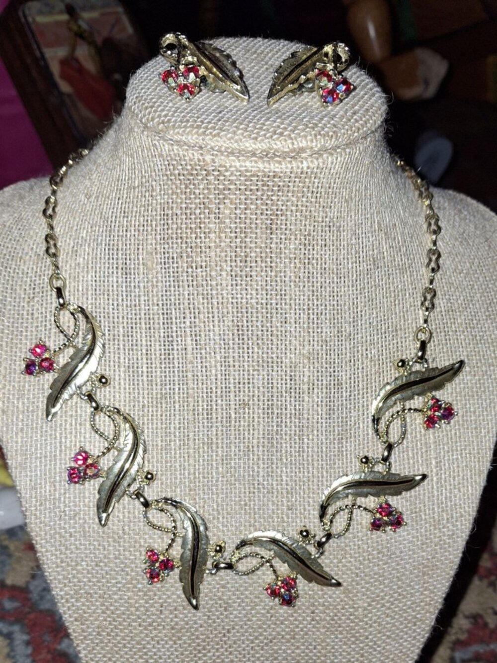 Judy Lee Necklace Clip Earrings Demi Parure Vtg 60's AB Pink gold Leaves signed
